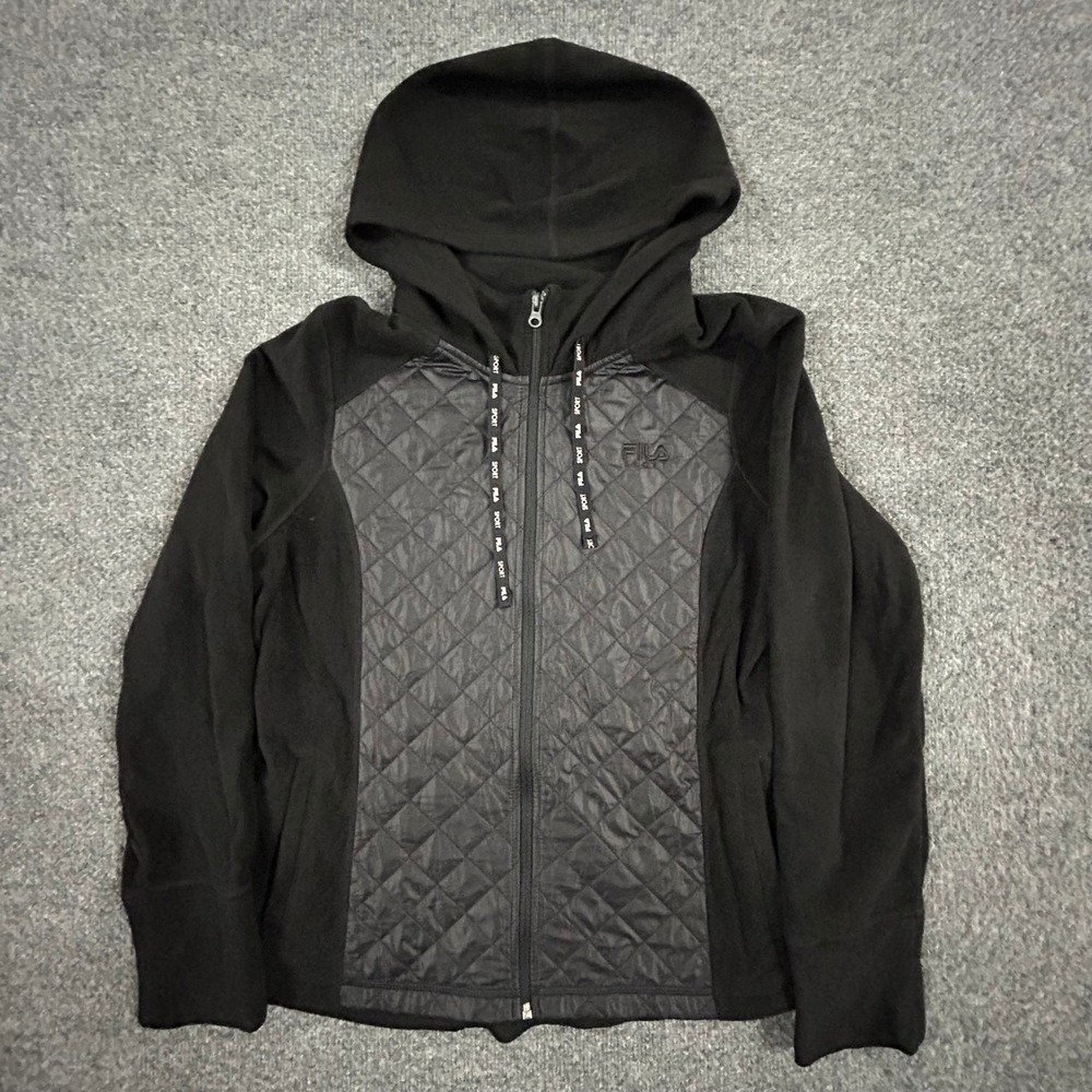 Fila Sport Hoodie Womens XL Black Quilted Front Fleece Full Zip Athletic Jacket